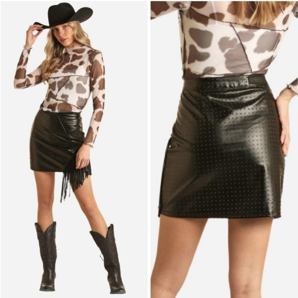Rock & Roll Denim Black Fringe Mini Skirt Size 26 Studded Vegan Leather NWT